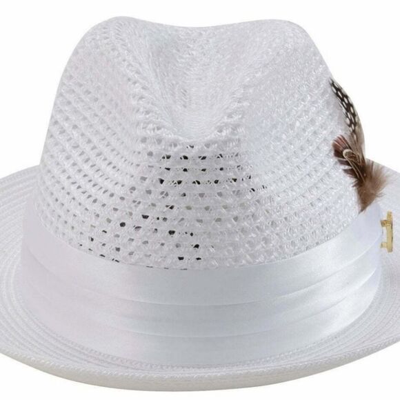 MONTIQUE MEN'S WHITE COLOR PINCH BRAIDED FEDORA WITH MATCHING SATIN RIBBON. H34 - Picture 3 of 4